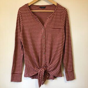 100% Cotton Long Sleeve Tie Hem Raspberry and Peach Pinstripe Top